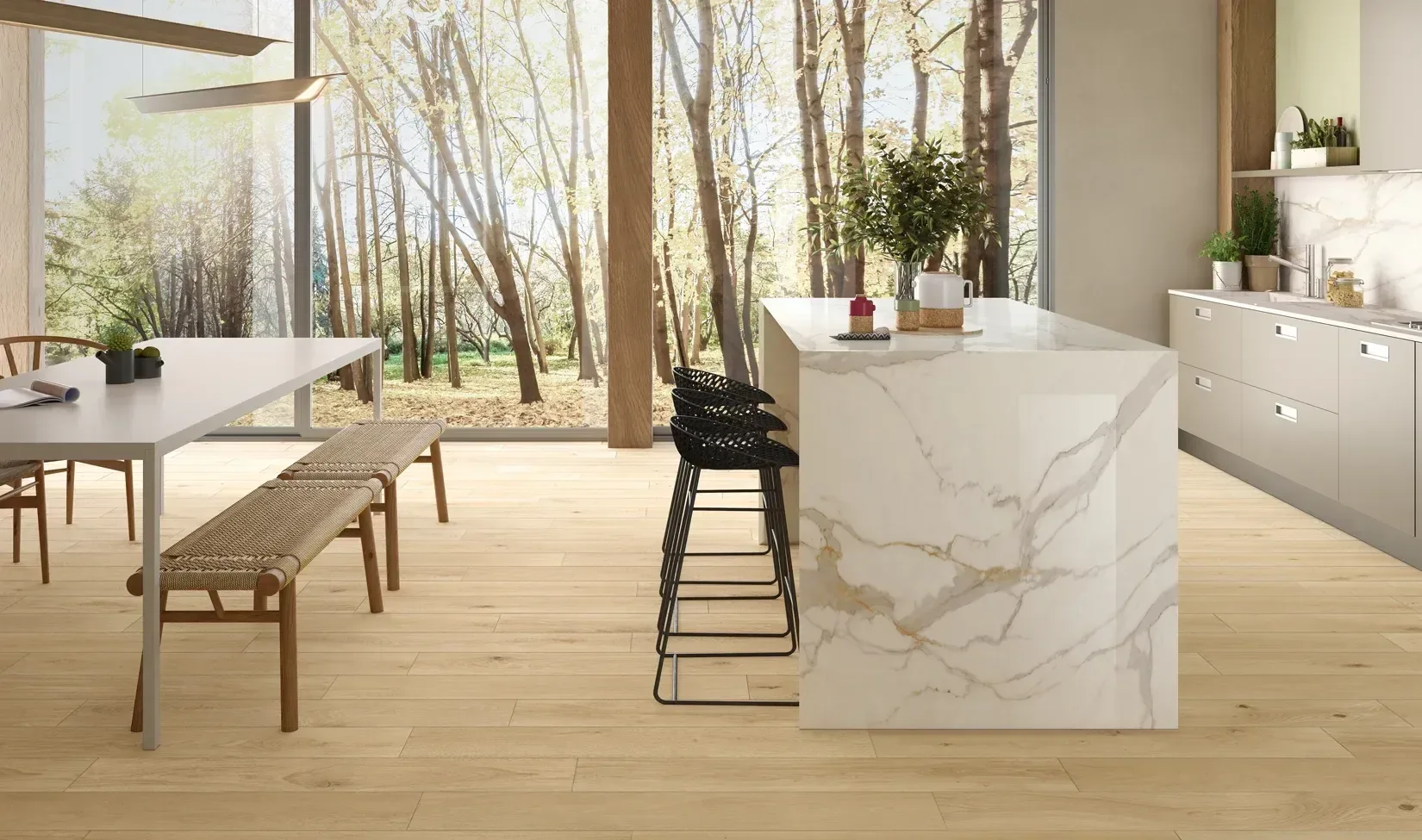 Interno contemporaneo con superfici materiche